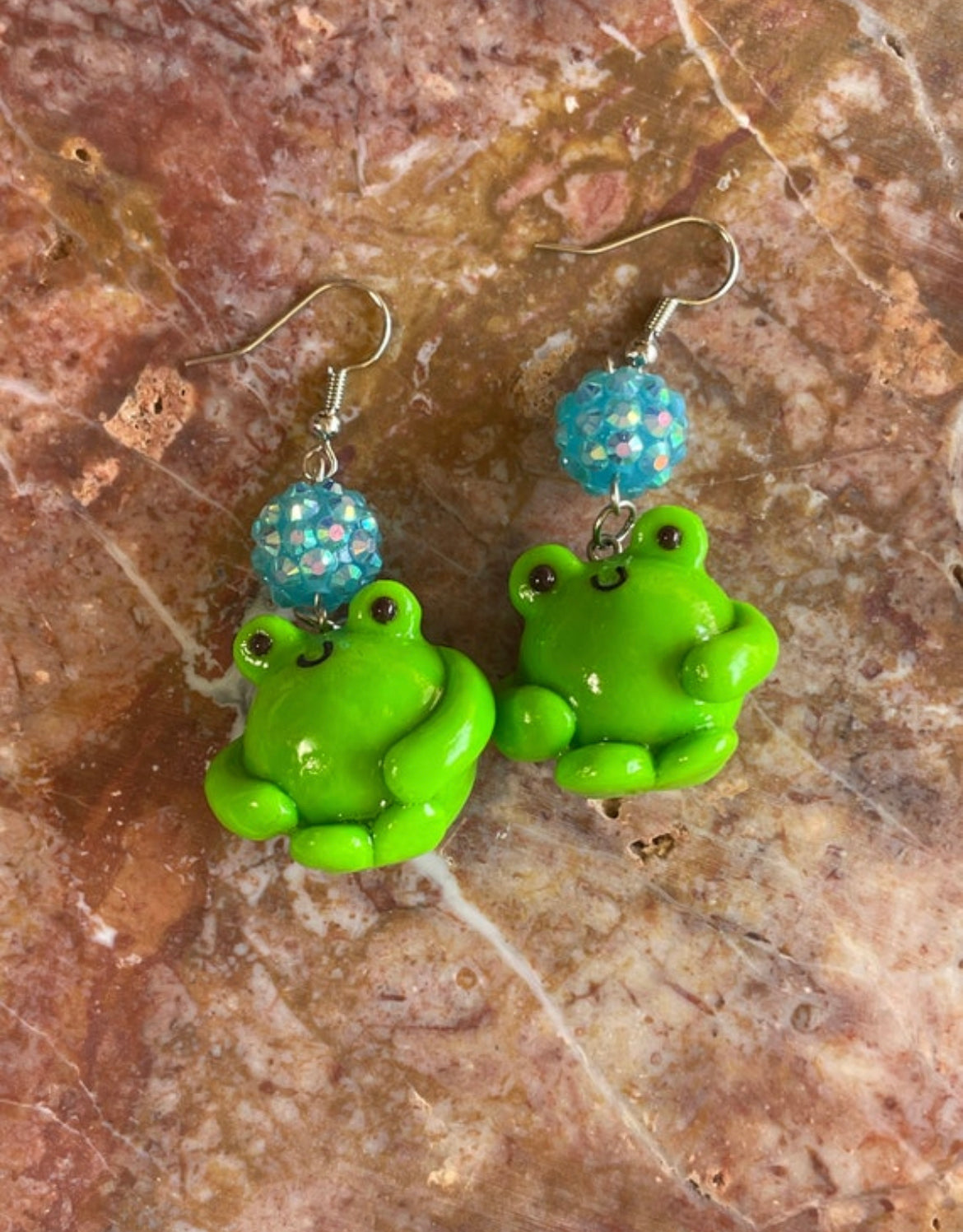 Polymer clay cottagecore frog earrings