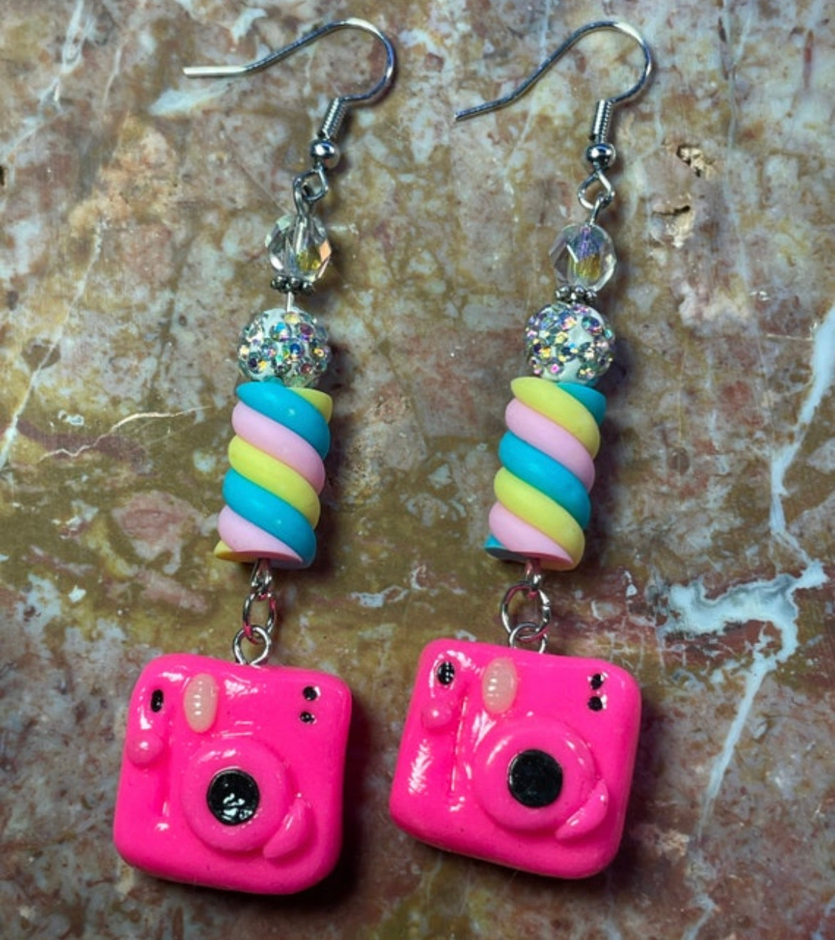 Take a Picture Bright neon pink instant camera polymer clay earrings ooak