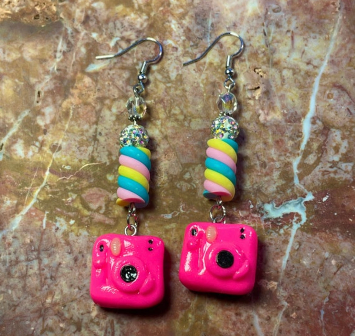 Take a Picture Bright neon pink instant camera polymer clay earrings ooak