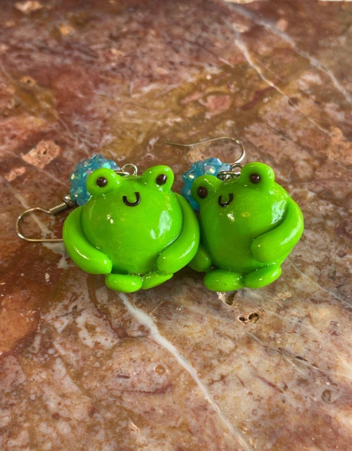 Polymer clay cottagecore frog earrings